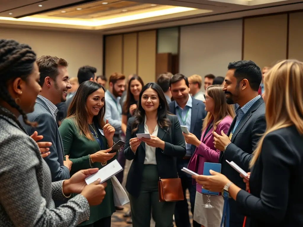 A networking event with data professionals exchanging business cards and engaging in conversations, set in a sophisticated venue with data-themed decorations and refreshments.