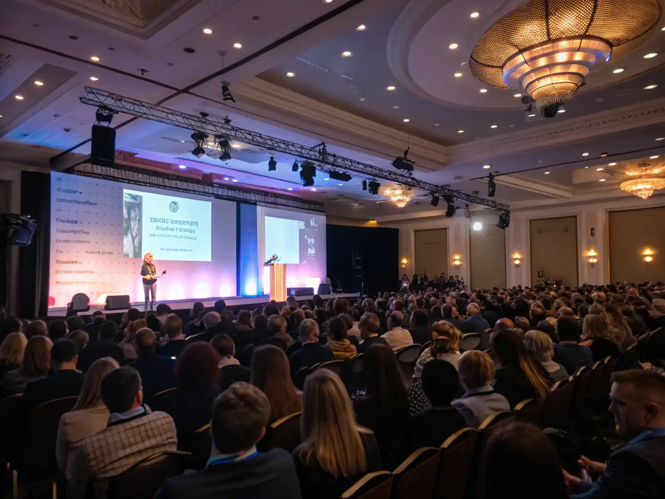 A large audience attending a data science conference, listening to a keynote speaker presenting on the latest trends and innovations in the field.