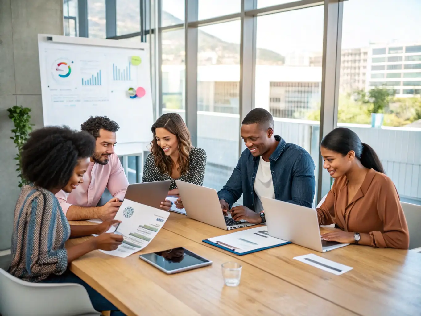 A diverse group of professionals actively participating in a data science workshop, collaborating on laptops and engaging in lively discussions, set in a modern, brightly lit conference room.