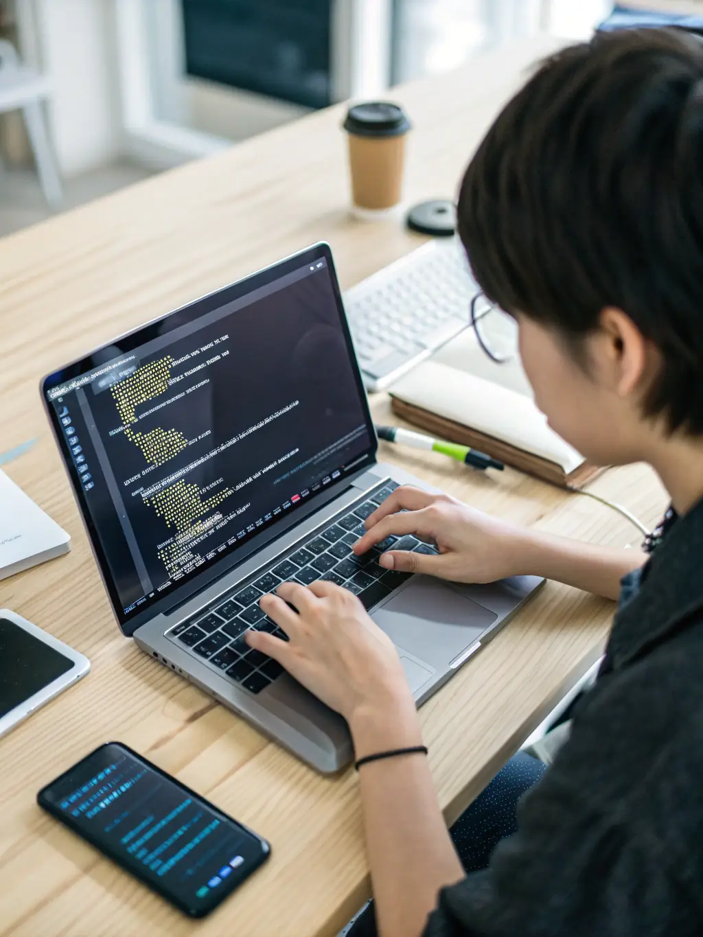 A close-up shot of a laptop screen displaying a Python coding tutorial, with a hand hovering over the keyboard, set in a modern, brightly lit workspace.