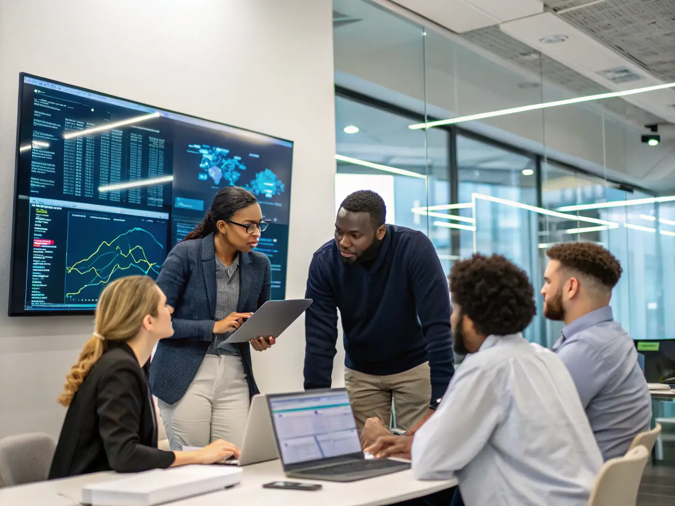 A team of data scientists collaborating on a complex data analysis project, using advanced software tools and techniques to extract meaningful insights from large datasets, set in a collaborative workspace.